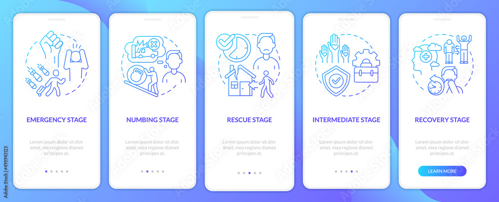 PTSD stages blue gradient onboarding mobile app screen. Mental disorder walkthrough 5 steps graphic instructions pages with linear concepts. UI, UX, GUI template. Myriad Pro-Bold, Regular fonts used