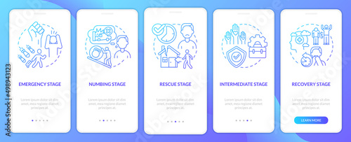 PTSD stages blue gradient onboarding mobile app screen. Mental disorder walkthrough 5 steps graphic instructions pages with linear concepts. UI, UX, GUI template. Myriad Pro-Bold, Regular fonts used