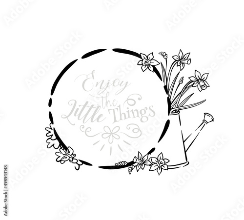 Frame with watering can with flowers narcissus, spring garden tools, gift card, black and white, coloring book illustration, page