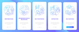 PTSD coping strategies blue gradient onboarding mobile app screen. Trauma walkthrough 5 steps graphic instructions pages with linear concepts. UI, UX, GUI template. Myriad Pro-Bold, Regular fonts used