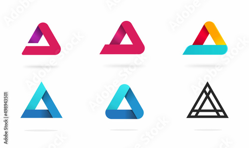 Triangle logo brand icon vector or prism trinity pyramid geometric logotype 3d blue red orange purple color image illustration clipart set, concept of alliance construction modern abstract symbol