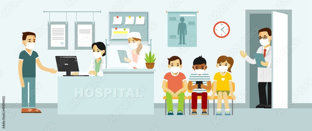 Doctor and patients in protective face masks in hospital hall. Covid-19. Doctor and patients in protective face masks in hospital hall. Covid-19.