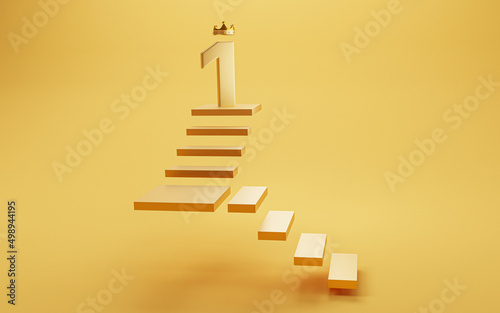 Golden number one with gold crown on the top of floor for champion or the winner on yellow background by 3d render.