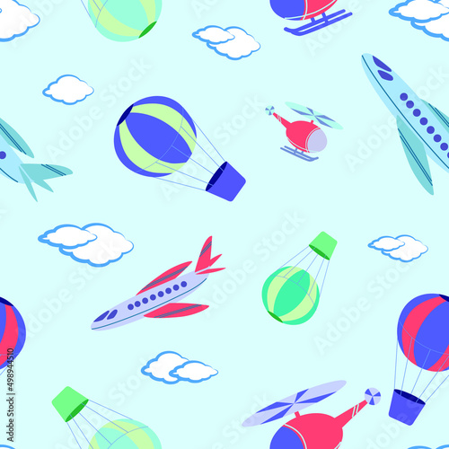 Airplanes seamless pattern with hot air balloons and helicopters.