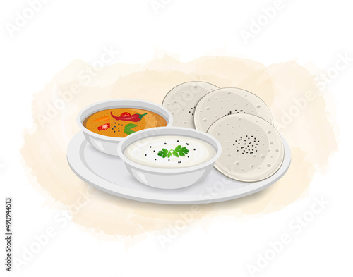 Idli Sambar - vector illustration with coconut chutney