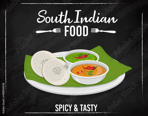 Idli Sambar  South Indian Food vector illustration with green chutney