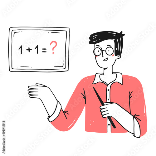 A happy male teacher shows an example on the blackboard. A happy man at work. Vector hand-drawn isolated illustration.