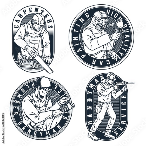Workmen monochrome badges set with inscriptions