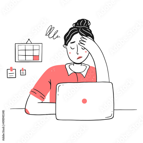Frustration at work. Professional burnout syndrome. The tired, exhausted girl holds her head in line style. The woman does not have time for the deadline. Vector concept illustration.
