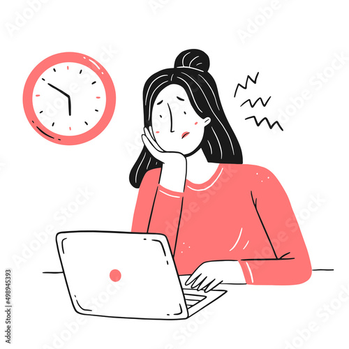 Frustration at work. An excited, exhausted girl does not have time for the deadline in line style. Vector concept illustration.