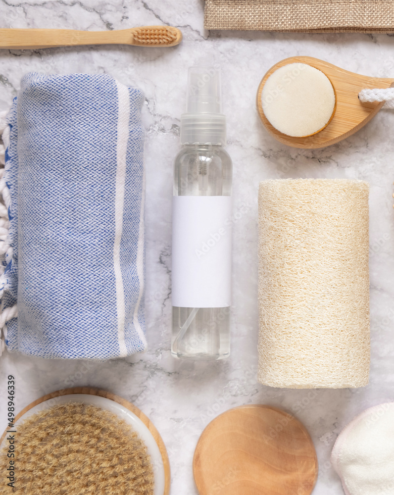 Organic natural cosmetics and zero waste reusable accessories for skin and hair care on marble Organic natural cosmetics and zero waste reusable accessories for skin and hair care on marble