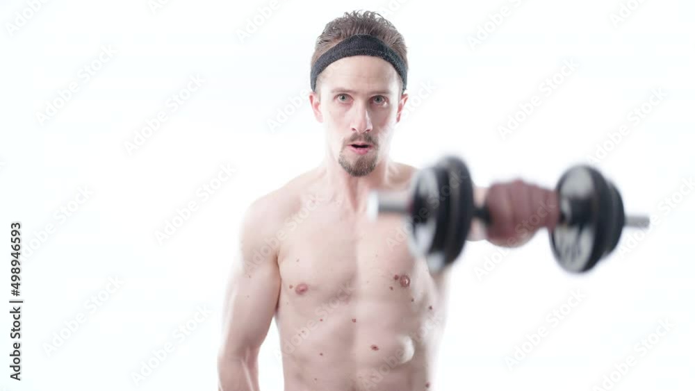 Man portrait weight lifting shoulder front raise dumbbell on white background 4K Man portrait weight lifting shoulder front raise dumbbell on white background 4K