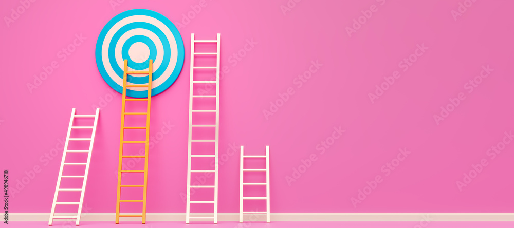 Business goals and success concept. Choose right ladder to reach the goal. Business target or winner concept. 3D rendering. - obrazy, fototapety, plakaty 