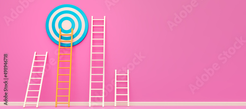 Business goals and success concept. Choose right ladder to reach the goal. Business target or winner concept. 3D rendering.