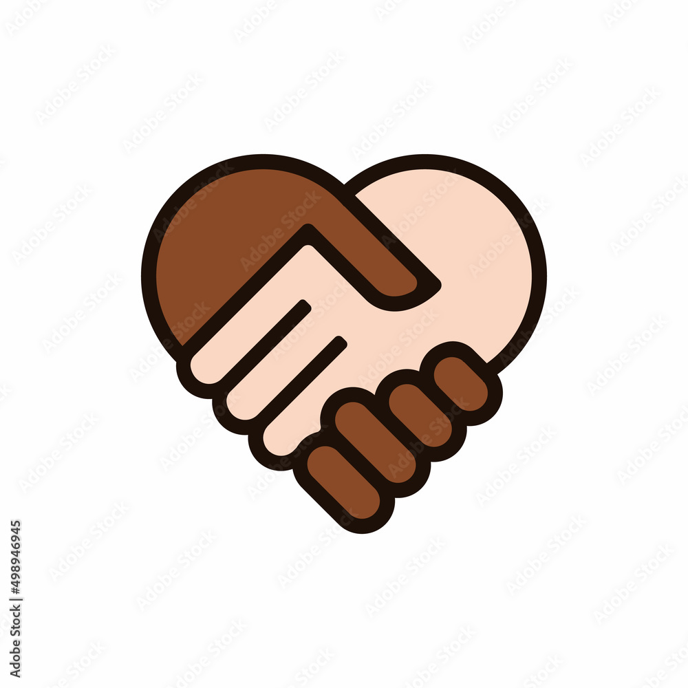 Shake hand in heart shape. Black and white human hands together. No to racism concept. Vector stock Shake hand in heart shape. Black and white human hands together. No to racism concept. Vector stock