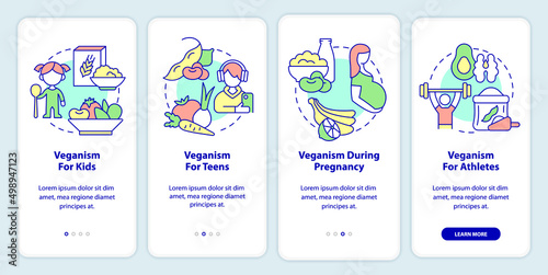 Vegan lifestyle for everyone onboarding mobile app screen. Walkthrough 4 steps graphic instructions pages with linear concepts. UI, UX, GUI template. Myriad Pro-Bold, Regular fonts used
