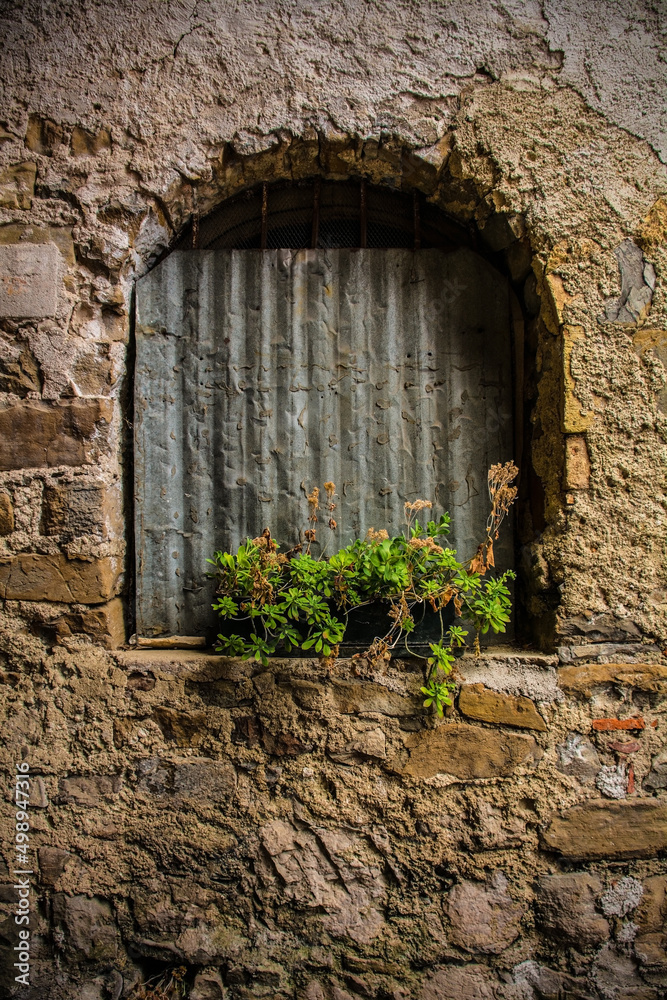 A window in a derelict house in Poffabro, an historic medieval village in the Val Colvera valley in Pordenone province, Friuli-Venezia Giulia, north east Italy
