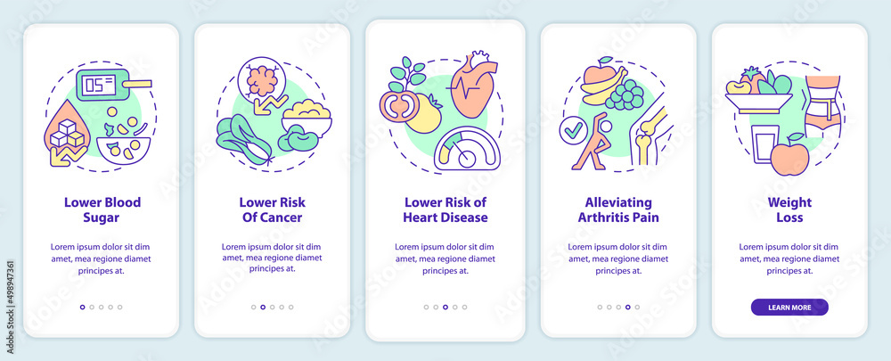 Benefits of vegan diet onboarding mobile app screen. Veganism walkthrough 5 steps graphic instructions pages with linear concepts. UI, UX, GUI template. Myriad Pro-Bold, Regular fonts used