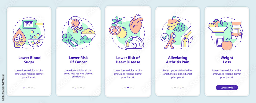 Benefits of vegan diet onboarding mobile app screen. Veganism walkthrough 5 steps graphic instructions pages with linear concepts. UI, UX, GUI template. Myriad Pro-Bold, Regular fonts used Benefits of vegan diet onboarding mobile app screen. Veganism walkthrough 5 steps graphic instructions pages with linear concepts. UI, UX, GUI template. Myriad Pro-Bold, Regular fonts used