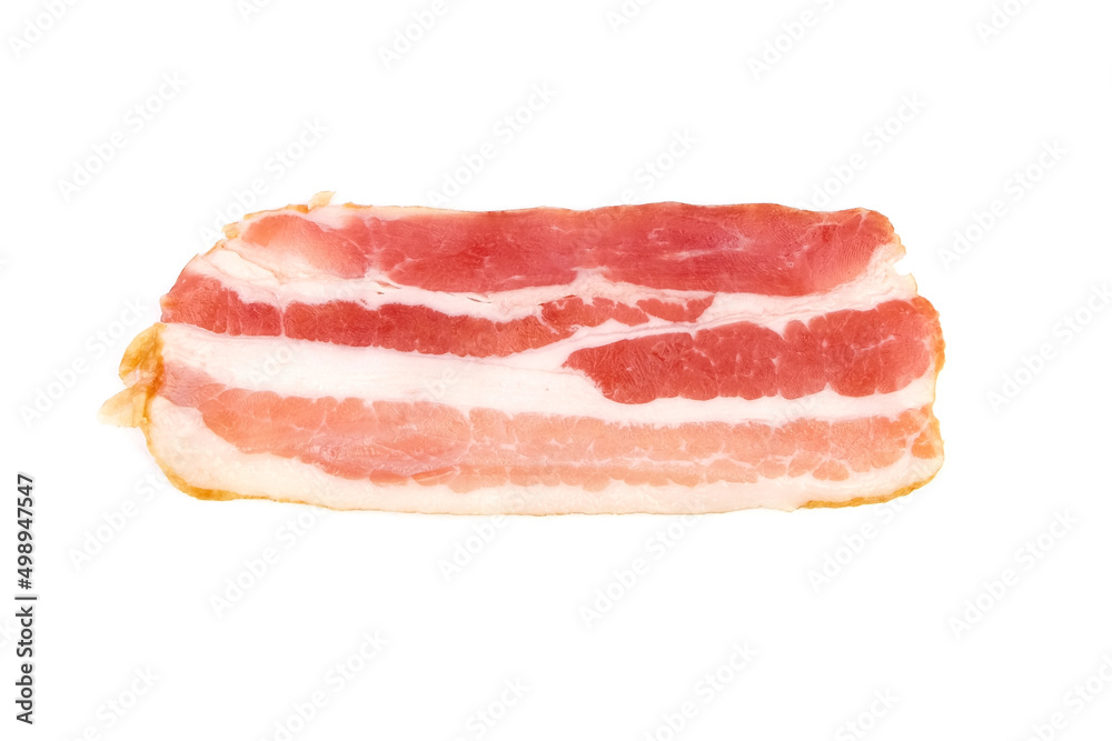 Bacon strip, raw smoked pork meat slice isolated on white