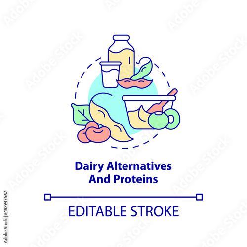 Dairy alternatives and proteins concept icon. Tip for vegan lifestyle abstract idea thin line illustration. Isolated outline drawing. Editable stroke. Arial, Myriad Pro-Bold fonts used