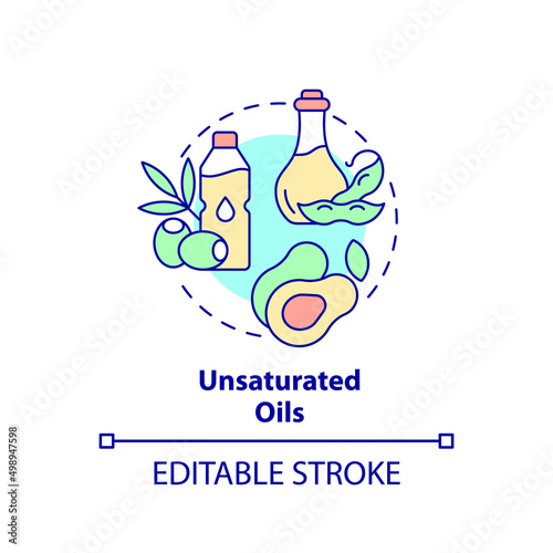 Unsaturated oils concept icon. Vegetable and seeds fats. Tip for vegan lifestyle abstract idea thin line illustration. Isolated outline drawing. Editable stroke. Arial, Myriad Pro-Bold fonts used