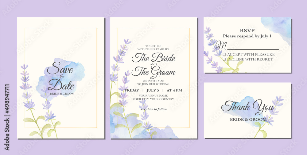 Hand painted of lavender watercolor as wedding invitation template.