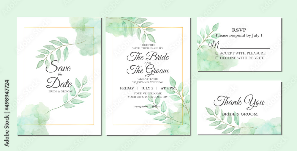 Hand painted of leaves watercolor as wedding invitation template.
