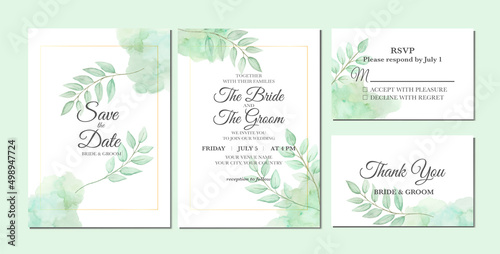 Hand painted of leaves watercolor as wedding invitation template.