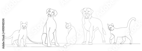 cats and dogs drawing by one continuous line
