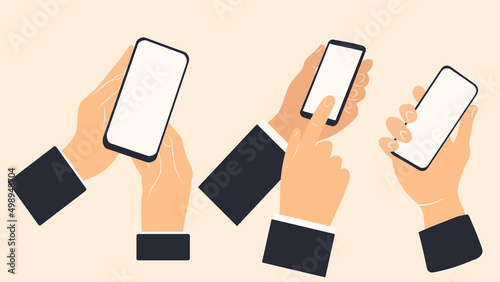 hands with phone flat design, isolated