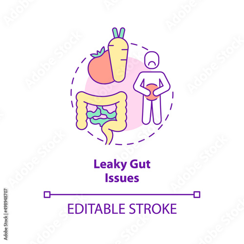 Leaky gut issues concept icon. Bloating and cramps problem. Side effect abstract idea thin line illustration. Isolated outline drawing. Editable stroke. Arial, Myriad Pro-Bold fonts used