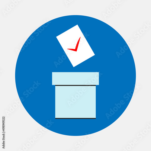 Election day at polling station. Voting ballot and ballot box. Newsletter document flies and falls into ballot box. Candidate selection. Red check mark on paper sheet. Close-up. Electing someone. 