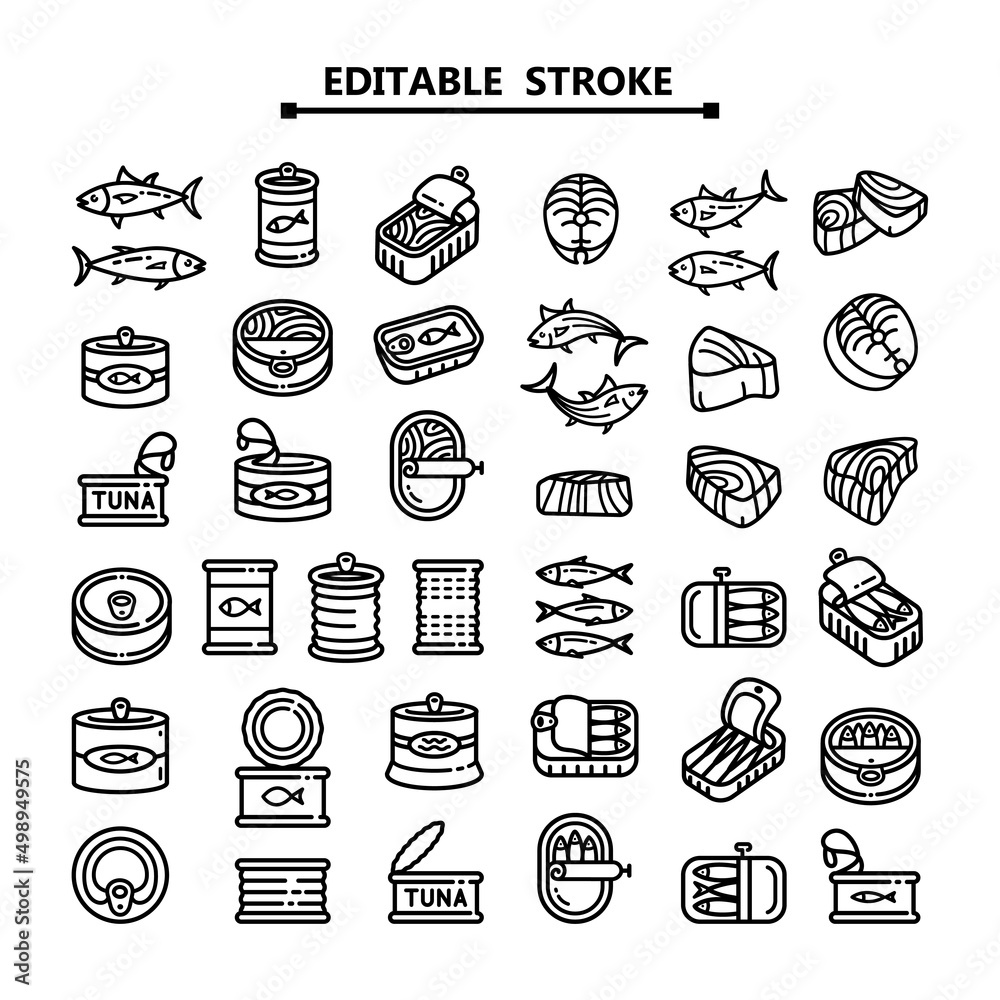 Fish Packaging Icon Canned Fish and Metal Container Line Icons. Tuna, Sardine Package ...