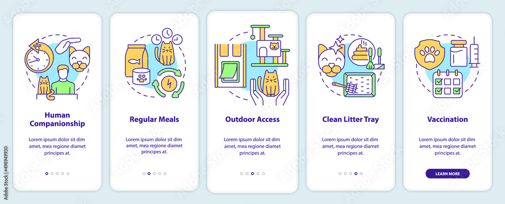 Cat wellness onboarding mobile app screen. Human companionship walkthrough 5 steps graphic instructions pages with linear concepts. UI, UX, GUI template. Myriad Pro-Bold, Regular fonts used