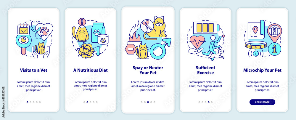 Pet wellness tips onboarding mobile app screen. Visits to vet walkthrough 5 steps graphic instructions pages with linear concepts. UI, UX, GUI template. Myriad Pro-Bold, Regular fonts used