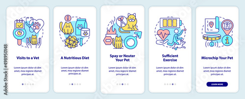 Pet wellness tips onboarding mobile app screen. Visits to vet walkthrough 5 steps graphic instructions pages with linear concepts. UI, UX, GUI template. Myriad Pro-Bold, Regular fonts used