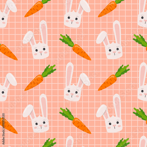 Cute pattern with bunny and carrot on pink checkered background. Vector seamless texture for kids fabric, wrapping paper, design