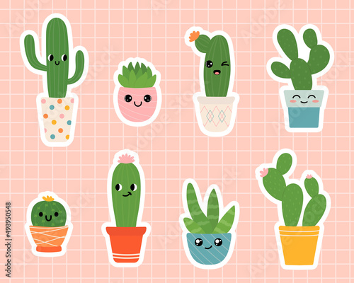 Cute stickers with cactus plant in pots with cute faces. Indoor plants in a flat style. Vector illustration set.