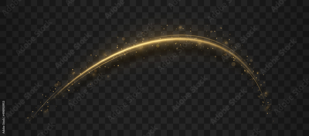 Golden sparkling light trail. Magic light trail of glittering comet tail. Shimmering golden wave with glitter.