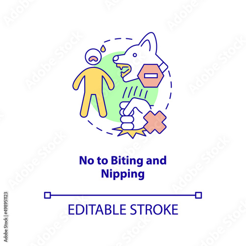 No to biting and nipping concept icon. Training dog tip abstract idea thin line illustration. Aggressive behavior. Isolated outline drawing. Editable stroke. Arial, Myriad Pro-Bold fonts used