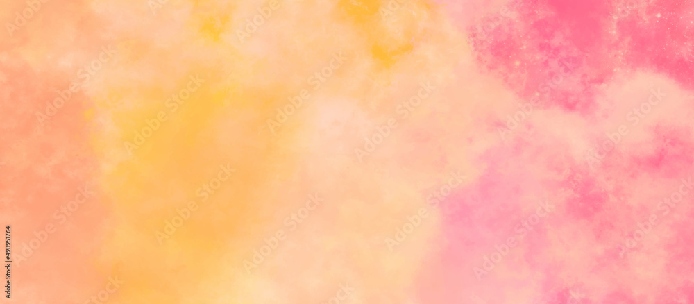 Red pink and orange yellow watercolor, Abstract painted texture. sunny background, Colorful grunge art painting. Effect of light pastel colored of sunset clouds cloud on the sunset sky background.