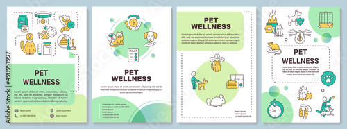 Feline and canine wellness green brochure template. Veterinary care. Leaflet design with linear icons. 4 vector layouts for presentation  annual reports. Arial-Bold  Myriad Pro-Regular fonts used