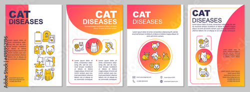 Common feline diseases red gradient brochure template. Illnesses treatment. Leaflet design with linear icons. 4 vector layouts for presentation, annual reports. Arial, Myriad Pro-Regular fonts used