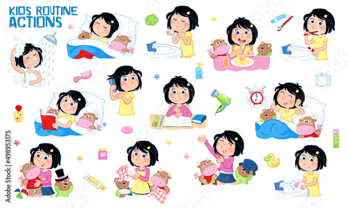 Learning concept - Daily routine of a little girl with dark hair - Set of thirteen cute educational illustrations - Isolated - White background