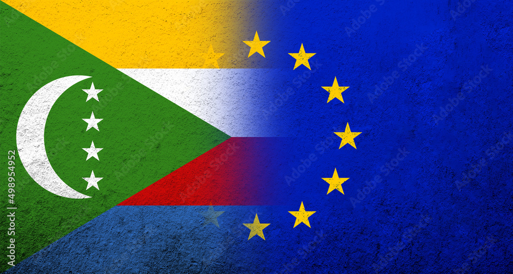 Flag of the European Union with Comoros National flag. Grunge background
