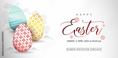 Happy Easter greeting card with three colorful eggs, applicable for website banner, corporate sign, greeting cards, invitation template, social media posts, ads campaign, Instagram feeds, advertising 