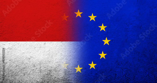 Flag of the European Union with Indonesia National flag. Grunge background