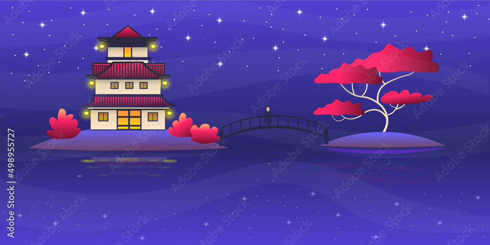 Naklejka premium Ancient Chinese house with lanterns in the middle of the lake. Cute ghost on the bridge. Fashion wallpaper in fantasy style.