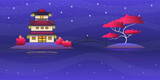 Ancient Chinese house with lanterns in the middle of the lake. Cute ghost on the bridge. Fashion wallpaper in fantasy style.